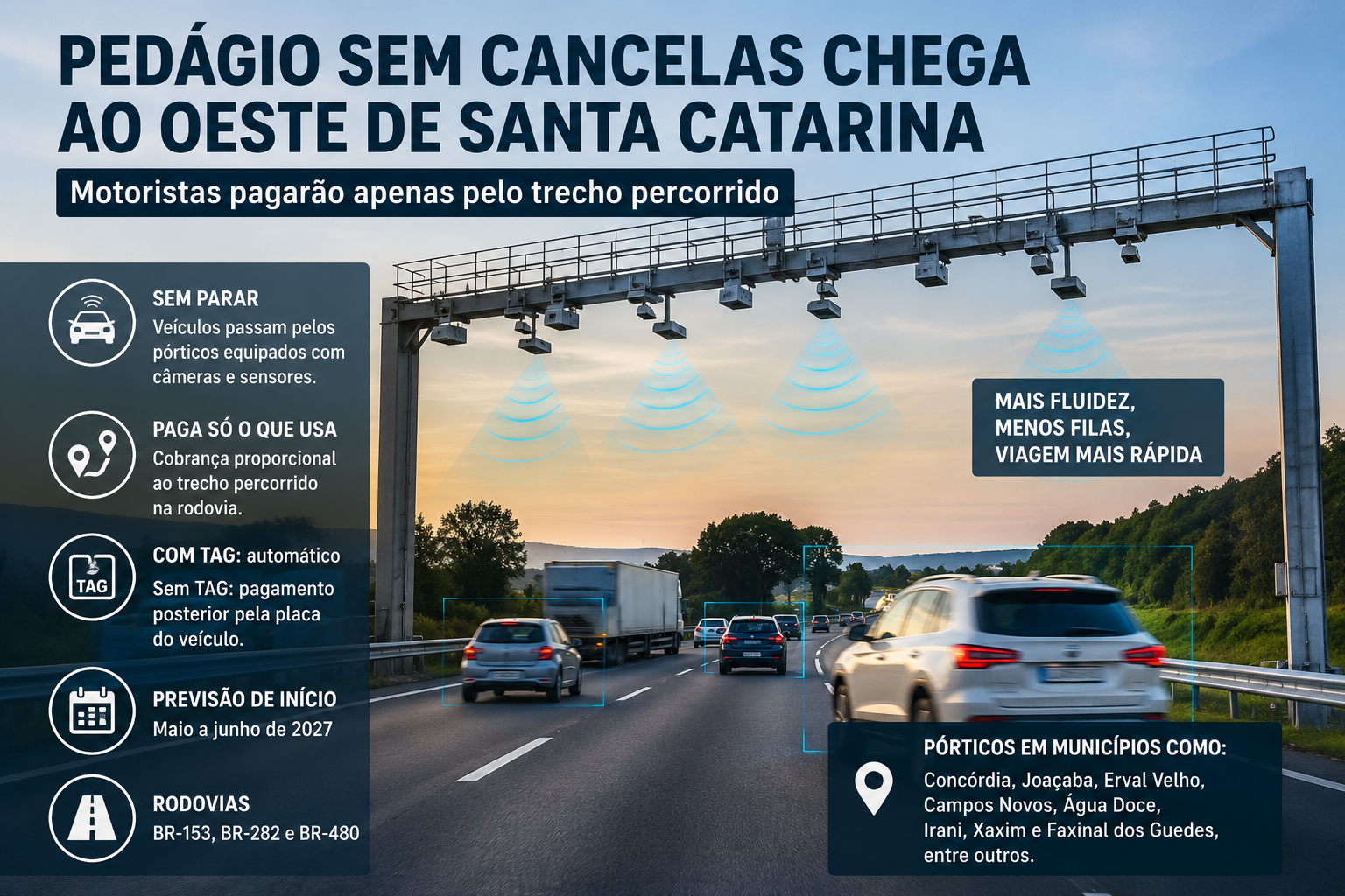 Oeste de Santa Catarina terá pedágio sem cancelas e motoristas pagarão apenas pelo trecho percorrido