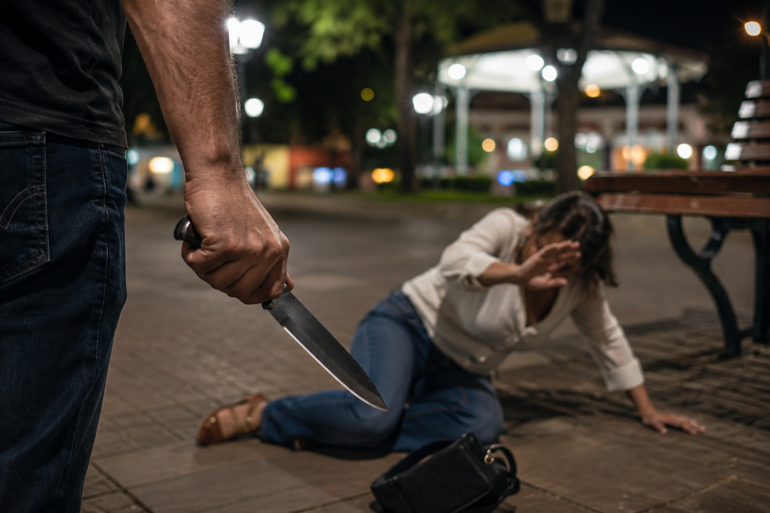 Mulher é empurrada, cai no chão e homem é flagrado com faca após ameaças de morte em praça pública